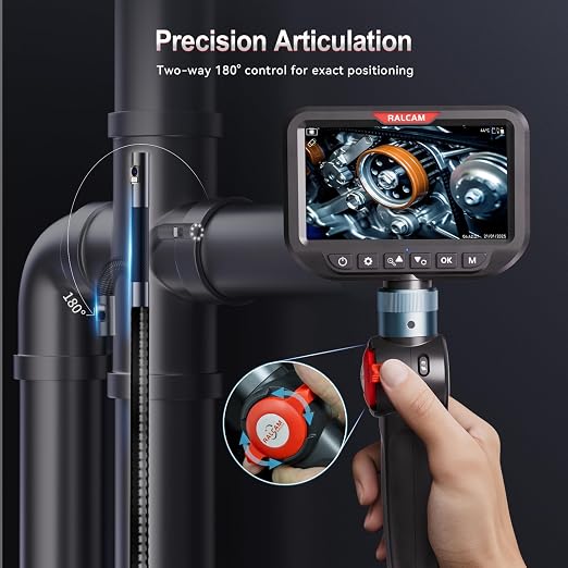 RALCAM Dual Lens Articulating Borescope, 10FT Semi-Rigid Inspection Camera with 5" HD Screen, 8.5mm Slim Waterproof Probe, Two-Way Endoscope Camera with Light for Automotive, HVAC, Pipes