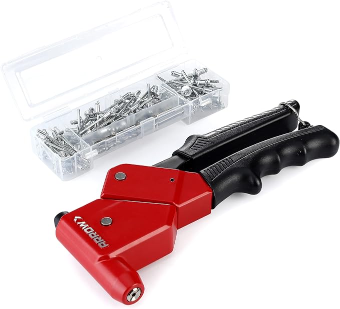 Arrow Fastener SHRTKIT-AM Rivet Tool Kit with RT300S Headless Riveter for Auto Body Repair, HVAC, Drop Ceiling Grids, and Sheet Metal Work, includes 100 Rivets and 3 Drill Bits, Black/Red