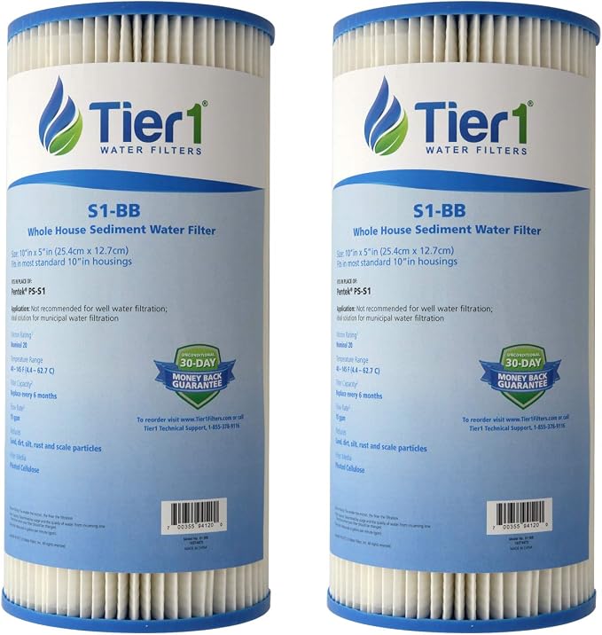 Tier1 20 Micron 10 x 4.5 Water Filter | Resin Impregnated Pleated Cellulose Whole House Sediment Filter Cartridge | Replacement for Pentek S1-BB, W20CLHD | 4.5 x 10 Home Water Filter (2-Pack)
