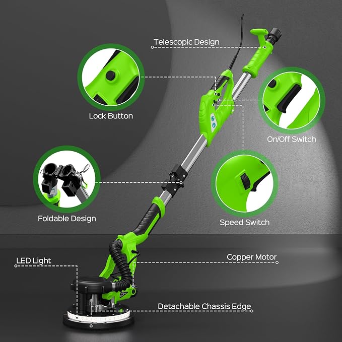 Drywall Sander, Popcorn Ceiling Removal Tool with 7 Variable Speed 800-1800RPM, 2026 Upgraded 8-Amp Drywall Sander with Vacuum Dust Collector with 12pcs Sanding Discs, Extendable Handle, LED Light