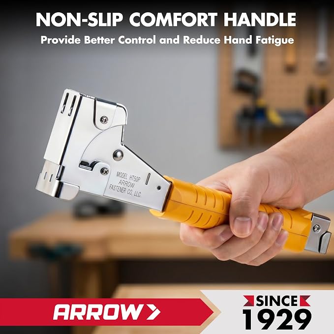 Arrow HT50 Heavy Duty Hammer Tacker, Chromed-Steel Manual Stapler with Sure-Grip Handle, Dual-Capacity Rear-Load Magazine, Fits 5/16”, 3/8", or 1/2" Staples