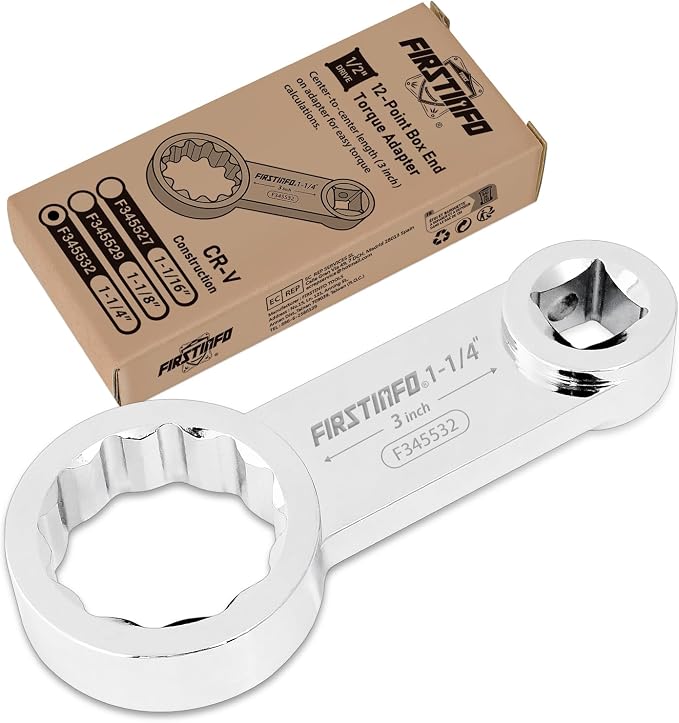 FIRSTINFO 1/2-inch Drive 1-1/4" 12-Point Box End Torque Adapter | 3 in center-to-center length • Fits 4, 6 & 12-point fasteners • CR-V steel • Thin-wall access • Made in Taiwan