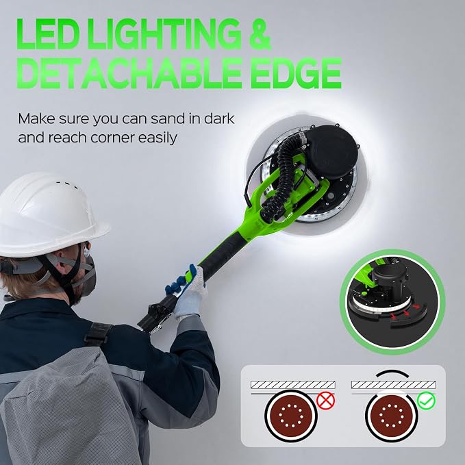 Drywall Sander, Popcorn Ceiling Removal Tool with 7 Variable Speed 800-1800RPM, 2026 Upgraded 8-Amp Drywall Sander with Vacuum Dust Collector with 12pcs Sanding Discs, Extendable Handle, LED Light