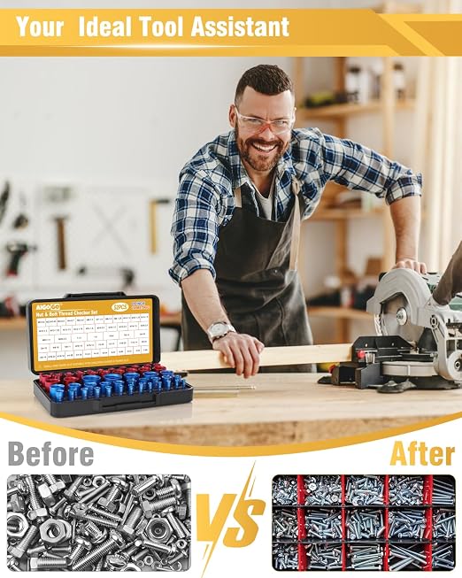 Thread Checker, 52pcs Nut and Bolt Thread Checker, 28 Inch & 24 Metric Box Set Thread Gauge, Bolt Size Finder for Size Check on Tricky and Narrow Area