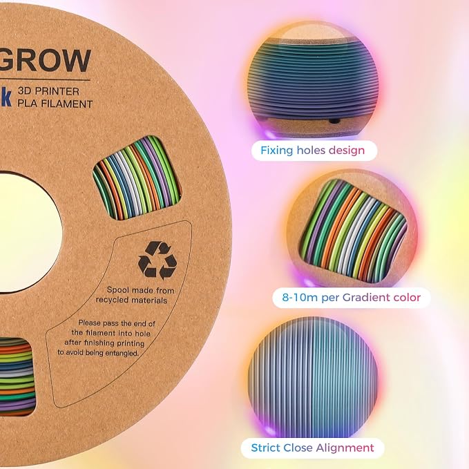 Comgrow Rainbow Colors Silk PLA 3D Printer Filament, PLA Filament 1.75mm, Dimensional Accuracy +/- 0.02 mm, 1KG Spool, Coextrusion 3D Filament with Shiny Silk Rainbow Yellow