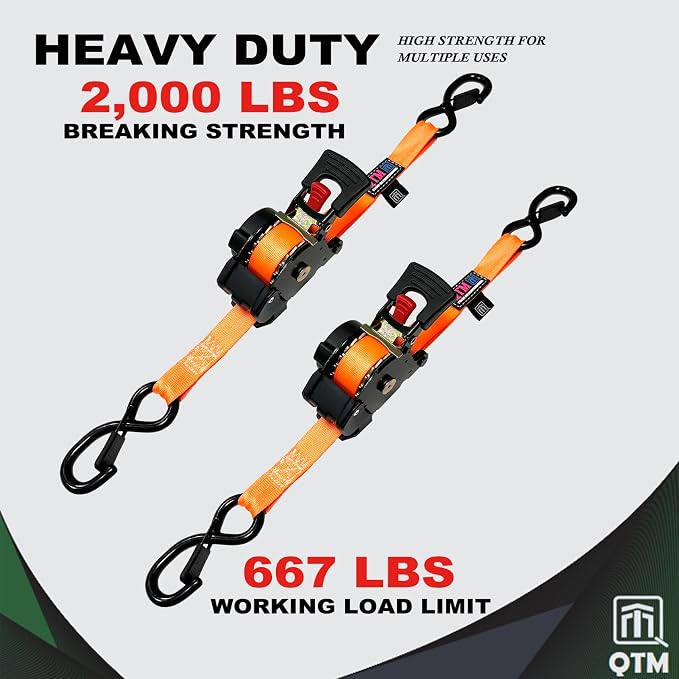 QTM 2-Pack Orange Retractable Ratchet Straps Stainless Steel Spring, 1" x15' with Soft Loops, Heavy Duty, 2,000lbs Breaking Strength, with Storage Bag