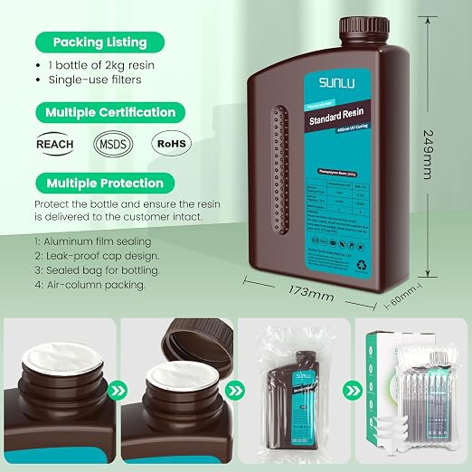 SUNLU 3D Printer Resin 2kg, Fast Curing Standard 3D Resin for Most Resin 3D Printers, 395 to 405nm UV Curing 3D Printing Liquid Photopolymer Resin, Low Shrinkage and High Precision, 2000g, Clear Blue