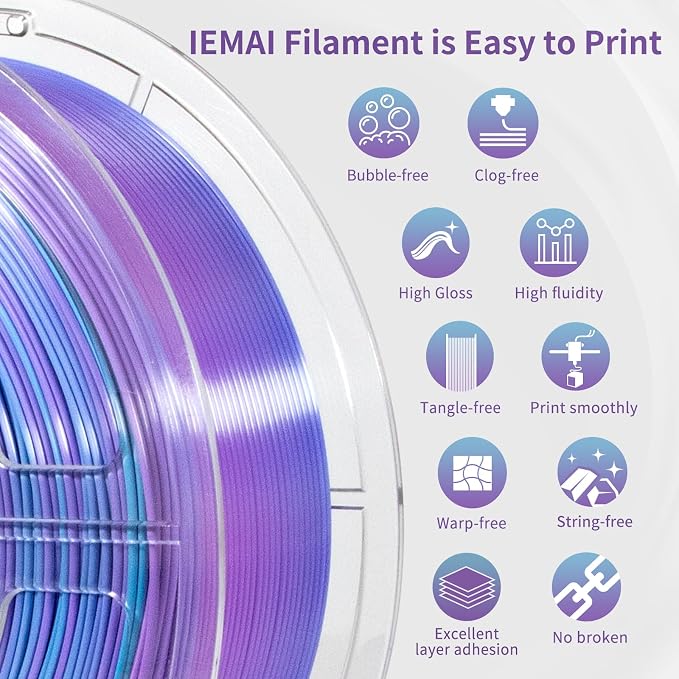 IEMAI Silk PLA Filament 1.75mm 1kg, Dual-Color Gradient Blue to Purple 3D Printer Filament, Silky Glossy Finish, Tough & Neatly Wound for DIY, Artistic & Home Décor