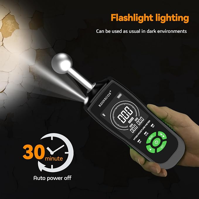 Pinless Digital Moisture Meter with Ball Sensor for Walls Wood Drywall | Digital Moisture Detector, For Basement, Narrow Corner, Concrete, Non-Destructive Scanner, LED Flashlight, Custom Alerts
