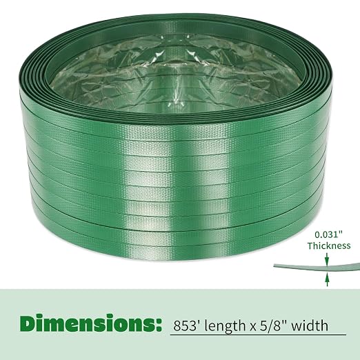 Heavy Duty Packaging Strapping Banding Roll - Green Polyester PET Industrial-Grade, 850' x 5/8" x 0.035" Pallet Strap Coil - 1400 lbs Break Strength Packaging Strapping Banding for Packing