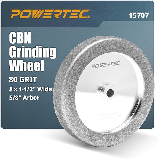 POWERTEC CBN Grinding Wheel 8 Inch 80 Grit, 1-1/2" Wide, 5/8" Arbor – 4-in-1 CBN Sharpening Wheel with 1/4" Radius Edge and Side Face for Bench Grinder (15707)