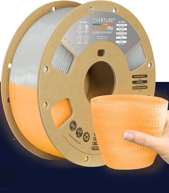 OVERTURE High Speed TPU 95A Flexible 3D Printer Filament 1.75mm | High Elasticity & Durability Filament,1kg Spool(2.2lbs),Fit Most FDM Printer(HS TPU Luminous Orange)