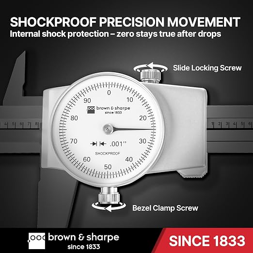 Brown & Sharpe 6-Inch Dial Caliper – Precision Stainless Steel Measuring Tool, White Dial, 0.001" Resolution, Hardened Construction, Shockproof Movement