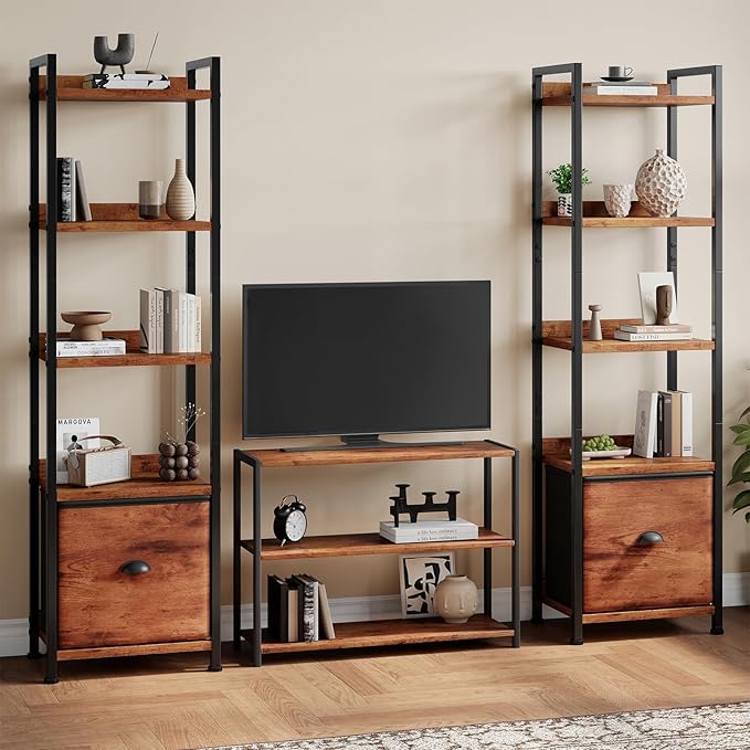 DUMOS 5 Tier Bookshelf with Fabric Drawer, Tall Industrial Bookcase, Narrow Display Standing Shelf, Wood and Metal Storage Shelf Organizer in Bedroom, Living Room, Rustic Brown