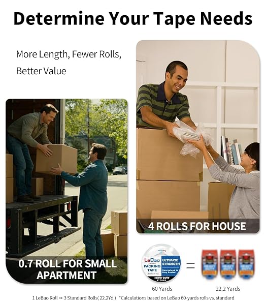 Heavy Duty Packing Tape Refills for Tape Gun Dispenser, 6 Rolls 1.88 inch Packing Tape Refill, 60 yd. x 2.7MiL HD Clear Roll Packaging Tape for Shipping Moving Postal Parcel Mailing