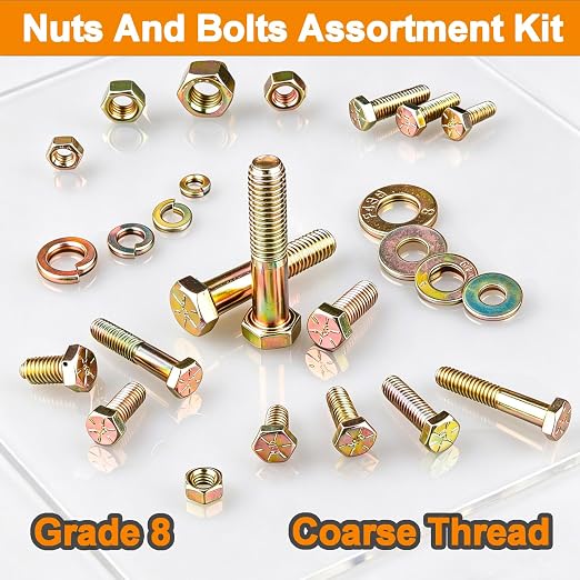 859PCS Grade 8 SAE Bolt Assortment Kit with Storage Box, Heavy-Duty Yellow Zinc Plated Alloy Steel Hex Bolt Set, Nuts with Flat & Lock Washers (1/4-20,5/16-18,3/8-16,1/2-13) for Home Improvement
