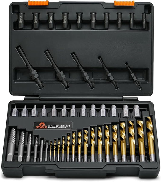 Coobeast 55pcs Screw Extractor Set for Men's Gift, Easy Out Screw Extractor Kit with HSS Steel Reverse Drill Bit for Removing Broken Stripped Screws, Studs, Fittings and Lugs Extraction
