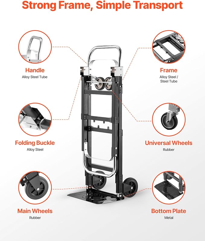 VEVOR 3 in 1 Folding Hand Truck, 500 lbs Load Capacity for 4-Wheel Mode, Convertible Hand Truck Dolly with Wheels & Adjustable Handle, Portable Trolley Dolly for Moving Home, Office, Warehouse