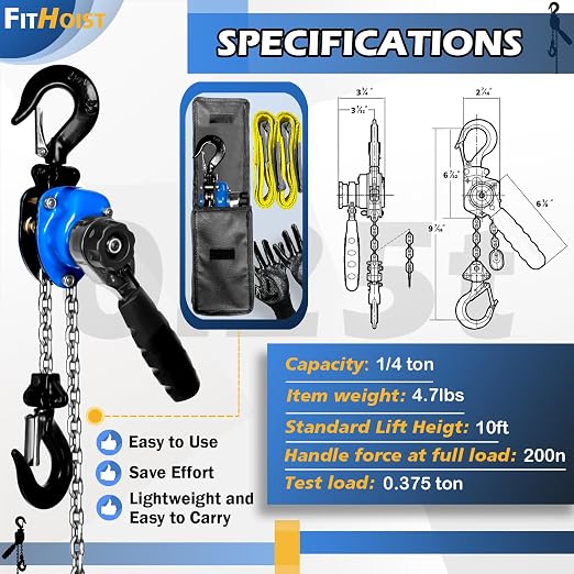 Mini Chain Hoist 1/4 ton with 2 Lift Sling Straps and Gloves 10ft Lift Small Come Along Alloy Steel G80 Chain 2 Heavy Duty Hooks, Manual Hoist for Garages Warehouse Automotive Machinery