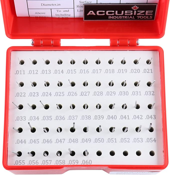 Accusize Industrial Tools 0.011''-0.060'', 50 Pc Steel Plug Pin Gage Set, Plus, Class Zz, P0(+) | 50 Pc, Class ZZ, Plus Tolerance, 2" OAL, Steel, Electro-Etched Sizes