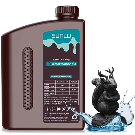 SUNLU 2kg Water Washable 3D Printer Resin, Fast Curing Low Shrinkage, High Precision Photopolymer Resin for LCD/DLP/SLA Printers,395 to 405nm UV Resin, 2000g Black