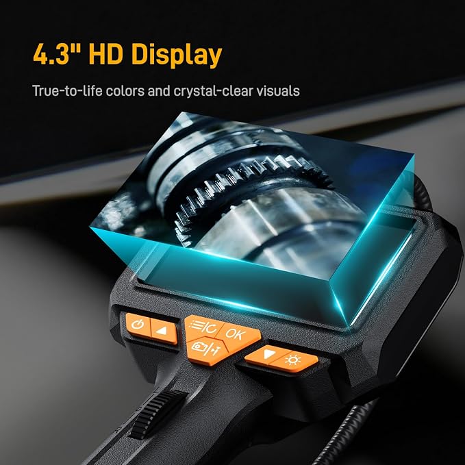 Articulating Borescope with 180° Two-Way Steering-1080P HD 4.3" Screen Automotive Endoscope, 85°C High-Temp Alarm, 6mm Slim Probe, 2600mAh Battery, Includes 32GB Card & Case