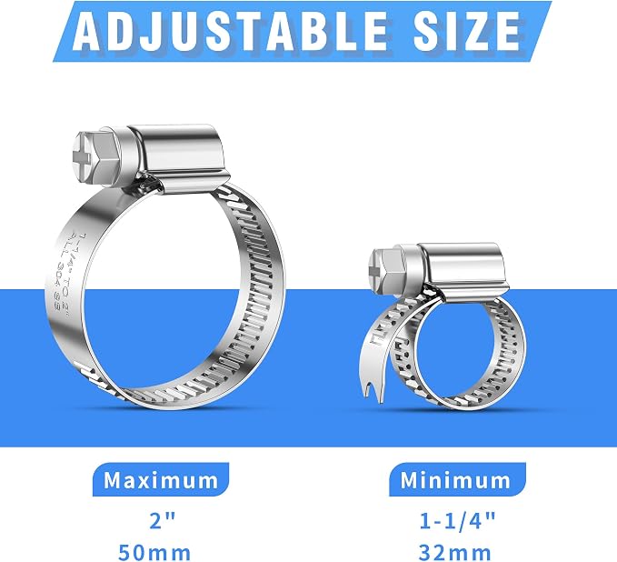 24PCS Adjustable Hose Clamps, 304 Stainless Steel Worm Gear, 1-1/4" to 2"(32-50mm), Rolled Edge No Perforations, Heavy Duty Reusable Pipe Clamp for Automotive, Factory, Industrial Use