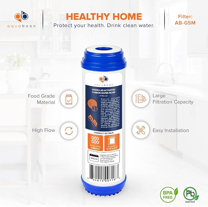 Aquaboon 5 Micron 10 x 2.5 Granular Activated Carbon Water Filter Cartridge GAC Water Filter Replacement Compatible with AP117, GAC-10, GAC1, 6 Pack