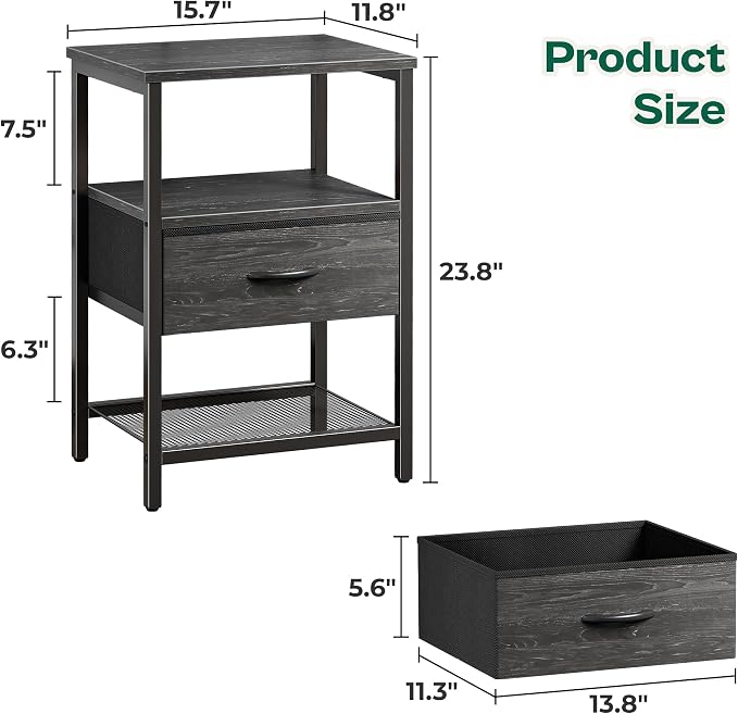 Huuger Nightstand Set of 2, Night Stand with Fabric Drawer, Mesh Shelf, Side Table with Storage, Fabric Drawer Dresser, Open Shelf, Metal Frame, Bedroom, Charcoal Black Wood Grain Print
