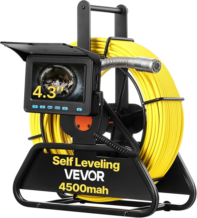VEVOR Sewer Camera, 98 ft/30m, Self-Leveling Drain Inspection Camera with 4.3" 1080P HD Screen, IP68 Waterproof Snake Plumbing Camera with Lights - 12 LEDs & 16GB Card for Sewer Line Duct Pipe