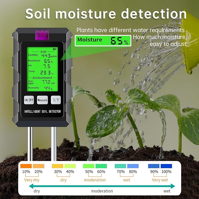 LDOPTO 6-in-1 Soil Moisture Meter, Soil Test kit with Moisture/pH/Temperature/Sunlight/Air Humidity/Fertility, Soil Tester for Farming, Gardening and Outdoor Plants (2*AAA Battery Needed)
