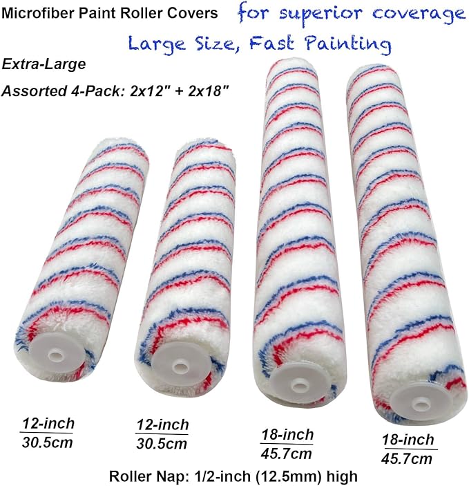Paint Roller Kit with Extension Pole Adjustable Frame 12 Inch 18 Inch Microfiber Covers, Extra-Large Stain Roller Brush Tray Liner Set for Walls Ceilings Interior Exterior Painting