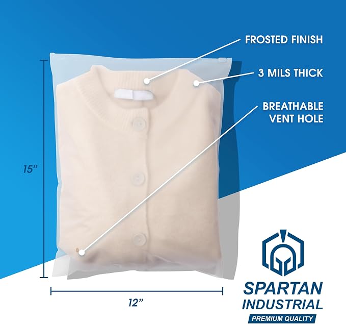 Spartan Industrial - 12” X 15” (100 Count) 3 Mil Frosted Reclosable Zip Plastic Bags with Resealable Lock Seal Zipper and Vent Hole | For Packaging Clothes, Shirts & More
