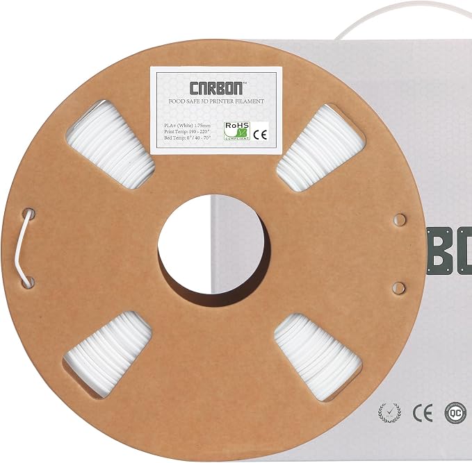 ECO - Certified Food Grade PLA+ 3D Printer Filament - Smooth Glide Cardboard Spool - CARBON by Comfy Materials - Lab Tested FDA Compliant Food Safe, 1.75mm, 1kg, Accuracy: +/- 0.02 (White)