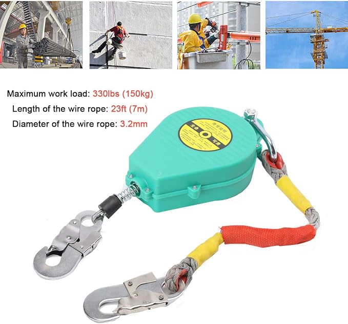 Self Retracting Lifeline 23ft 330lbs Fall Arrester Lanyard Protect Safety Harness Fall Protection with Alloy Steel Hook Steel Wire Rope
