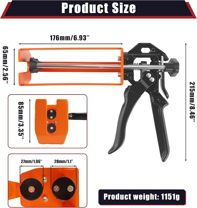 200ml Dual Cartridge Epoxy Gun All Metal Heavy Duty Epoxy Applicator for 1:1 2:1 Mix Ratio Professional Panel Bonding Caulking Gun for Auto Body Repair Structural Adhesive Construction Orange