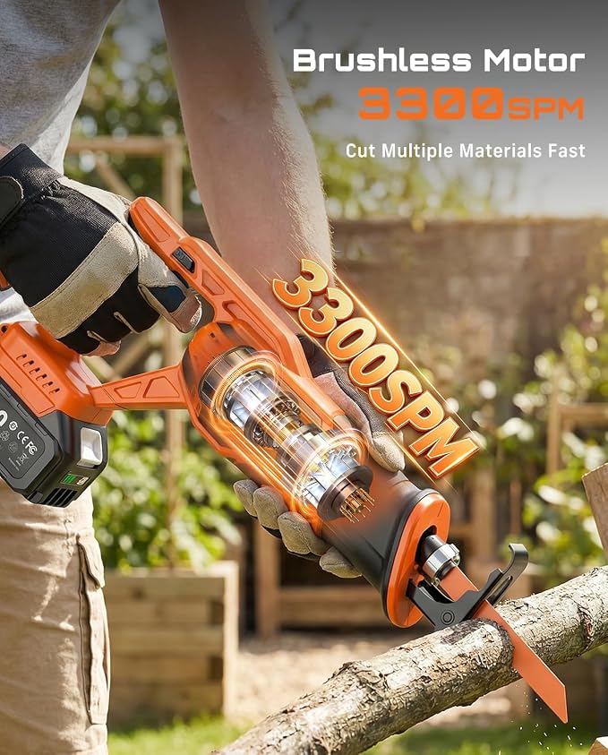 Reciprocating Saw Cordless with 8 Blades: 2 x 4.0Ah Battery, Brushless Motor 3300 RPM, Cordless Reciprocating Saw Kit for Wood PVC Metal Tree Bone Cutting DIY (Orange) | Come with 2pcs 4.0Ah Batteries & 8 Cutting Blades, 3300SPM, Perfect for DIY Cuttin...