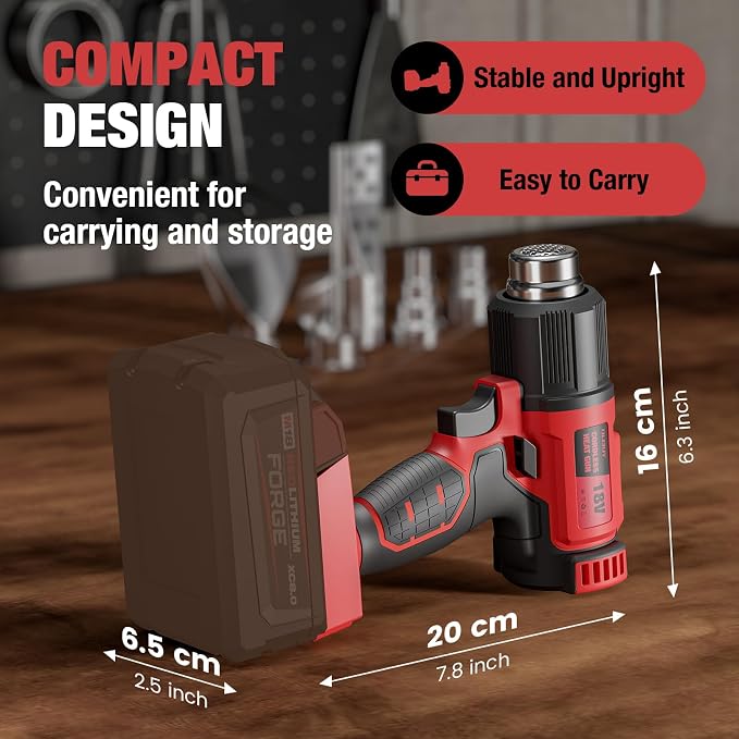 Cordless Heat Gun for Mil-waukee M-18 Battery, 7Pcs Nozzles&Scraper, LED Light, 350W Fast Heating Soldering Hot Air Gun, 2-Temp Setting Max 990℉(532℃), Heat gun for Shrink Tubing, Crafts (Tool Only)