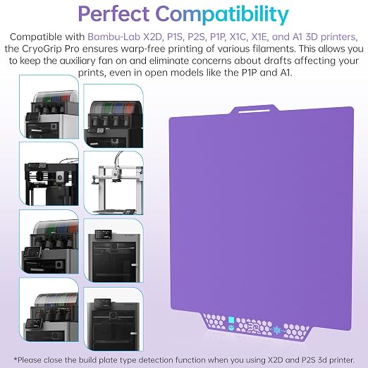 BIQU CryoGrip Pro Glacier Build Plate for Bambu-Lab X2D P2S P1S P1P X1C X1E A1 3D Printers, Double-Sided Fine Textured Spring Steel Sheet, Firm Adhesion, 257x257mm, Purple