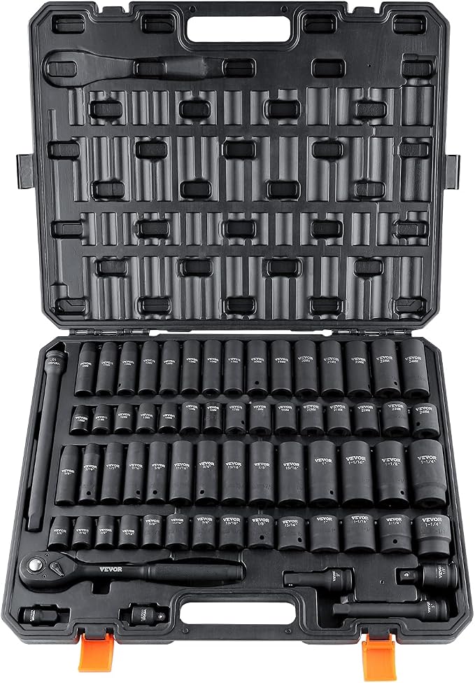 VEVOR 1/2" Drive Impact Socket Set 65 Piece, 3/8" to 1-1/4" and 10-24mm | SAE and Metric, 6 Point Cr-V Alloy Steel, Easy-to-Read Size Markings, Rugged Construction, with Storage Case, for Auto Repair