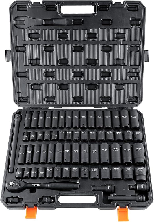 VEVOR 1/2" Drive Impact Socket Set 65 Piece, 3/8" to 1-1/4" and 10-24mm | SAE and Metric, 6 Point Cr-V Alloy Steel, Easy-to-Read Size Markings, Rugged Construction, with Storage Case, for Auto Repair