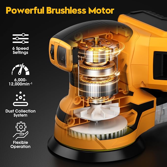 Cordless Random Orbital Sander for Dewalt 20V Battery, Brushless 5-Inch Sander with 6 Variable Speeds, 6000-12000 OPM, Dust Collection Box & 12 Sanding Discs (Battery Not Included) (Yellow)