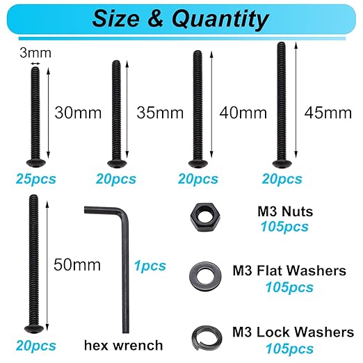 420PCS Black M3 Button Head Hex Socket Cap Screws, M3 x 30/35/40/45/50mm Metric Screws Bolts Nuts Washers Assortment Kit, 10.9 Grade Alloy Steel