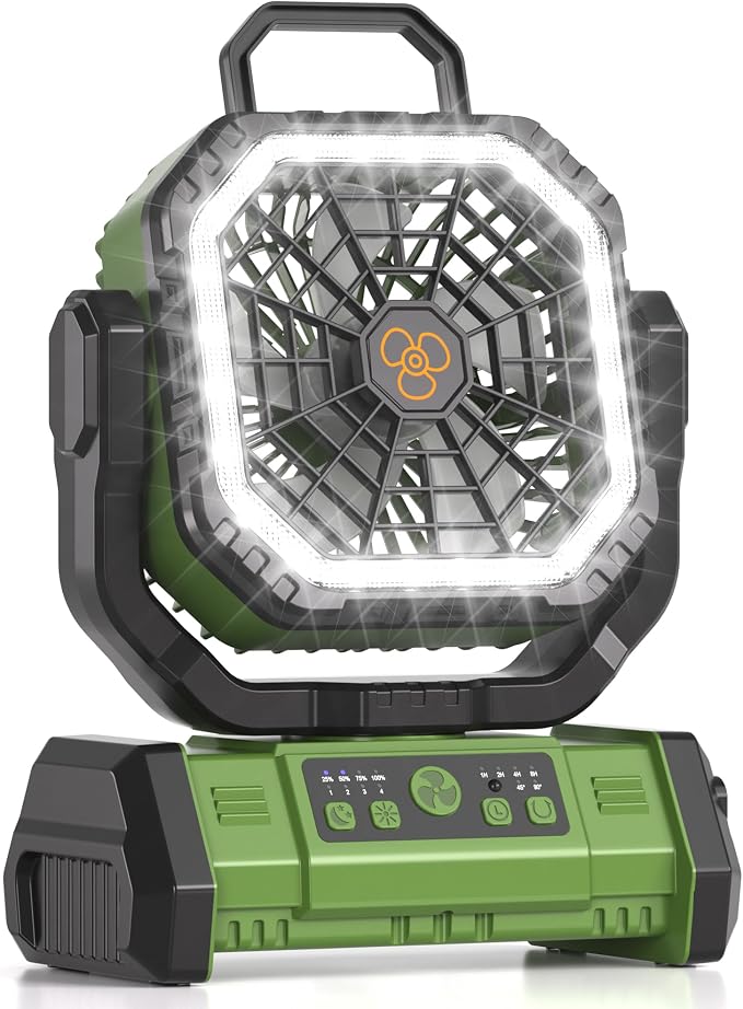 Portable Rechargeable Fan 20000mAh, Battery Powered Camping Fan with LED Light& Remote,Cordless,4 Speeds Wind,Timer for Tent,Travel,Rv Camping Essentials (Green)