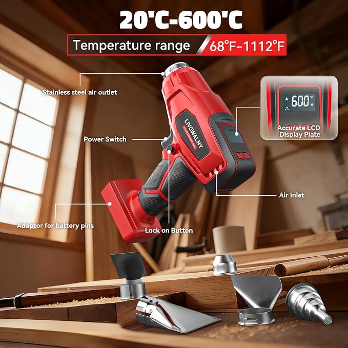 LIVOWALNY Cordless Heat Gun Compatible with Milwaukee 18V Battery (Tool Only) 260W High Power Hot Air Gun (68°F-1112°F) & Airflow Control Digital Display for Shrink Wrapping Crafting