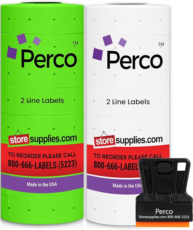 Perco White & Green Pricing Labels for Perco 2 Line Price and Date Gun – One White & One Green Sleeve - 12,000 Price Marking Labels – 2 Sleeves, 16 Rolls Combo Pack - with Label Scraper Included