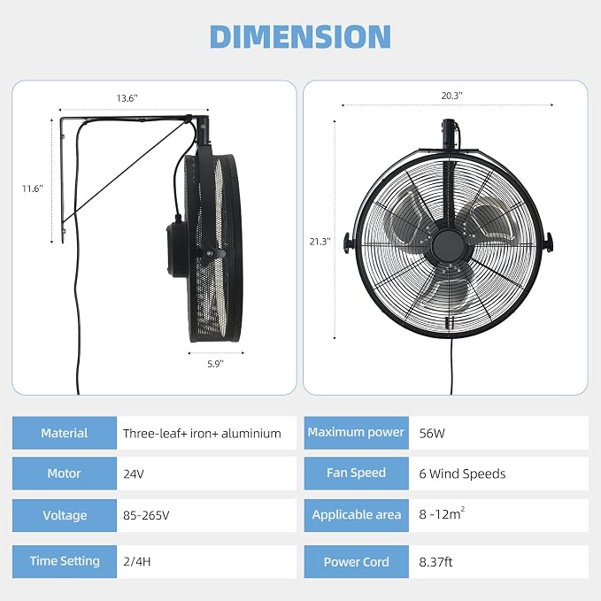 AHAWILL 20" Wall Mounted Fan with Lights, 360° Adjustable Tilt,Garage Wall Mount Fan with Remote&APP, Plug in Wall Fan,6-Speed&Reversible Gazebo Fan,3CCT Dimmable&Timer for Toolroom,Patio,Warehouse