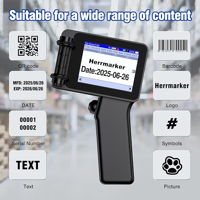Mini Handheld Inkjet Printer Gun, Date Printer with 42ml Quick-Drying Ink Cartridge, 0.5” Nozzle Handheld Batch Code Machine for Barcode,Number,Text,QR-Code,Logo and Image on Carton Plastic Tube Metal