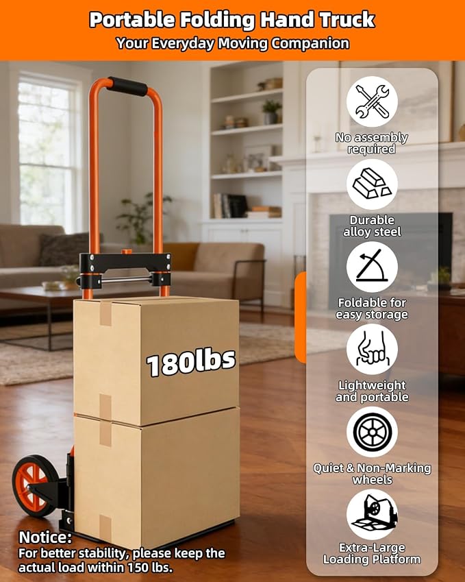 Folding Hand Truck, 180Lbs Capacity, Portable Dolly Cart with 5.9" Wheels and Telescoping Handle, Lightweight Hand Truck Dolly for Dormitory, Home, Office, Food, Shopping, logistics, Warehouse, Orange
