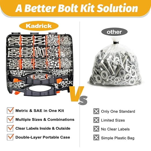 Kadrick 1240PCS Stainless Steel Hex Bolt Assortment Kit – SAE & Metric Set (1/4”-20, 5/16”-18, 3/8”-16, M6, M8, M10) – Bolts, Nuts, Flat & Lock Washers – Dual-Side Heavy-Duty Storage Box
